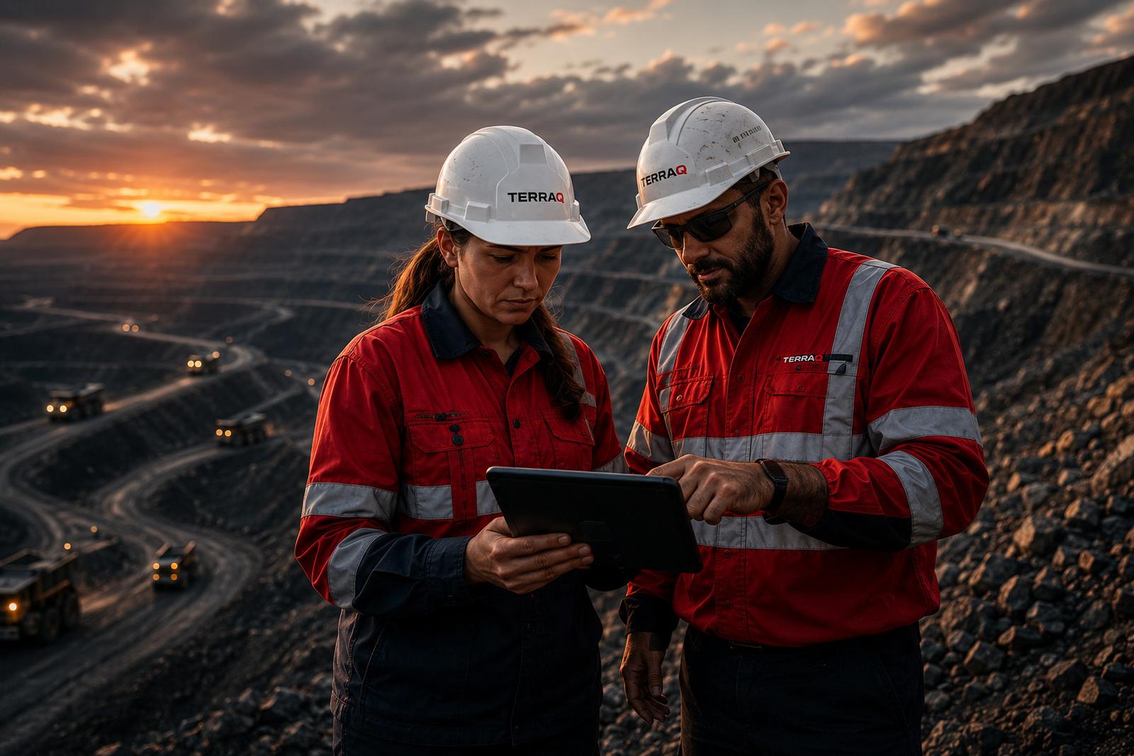 Two field engineers reviewing data on a tablet at a mine