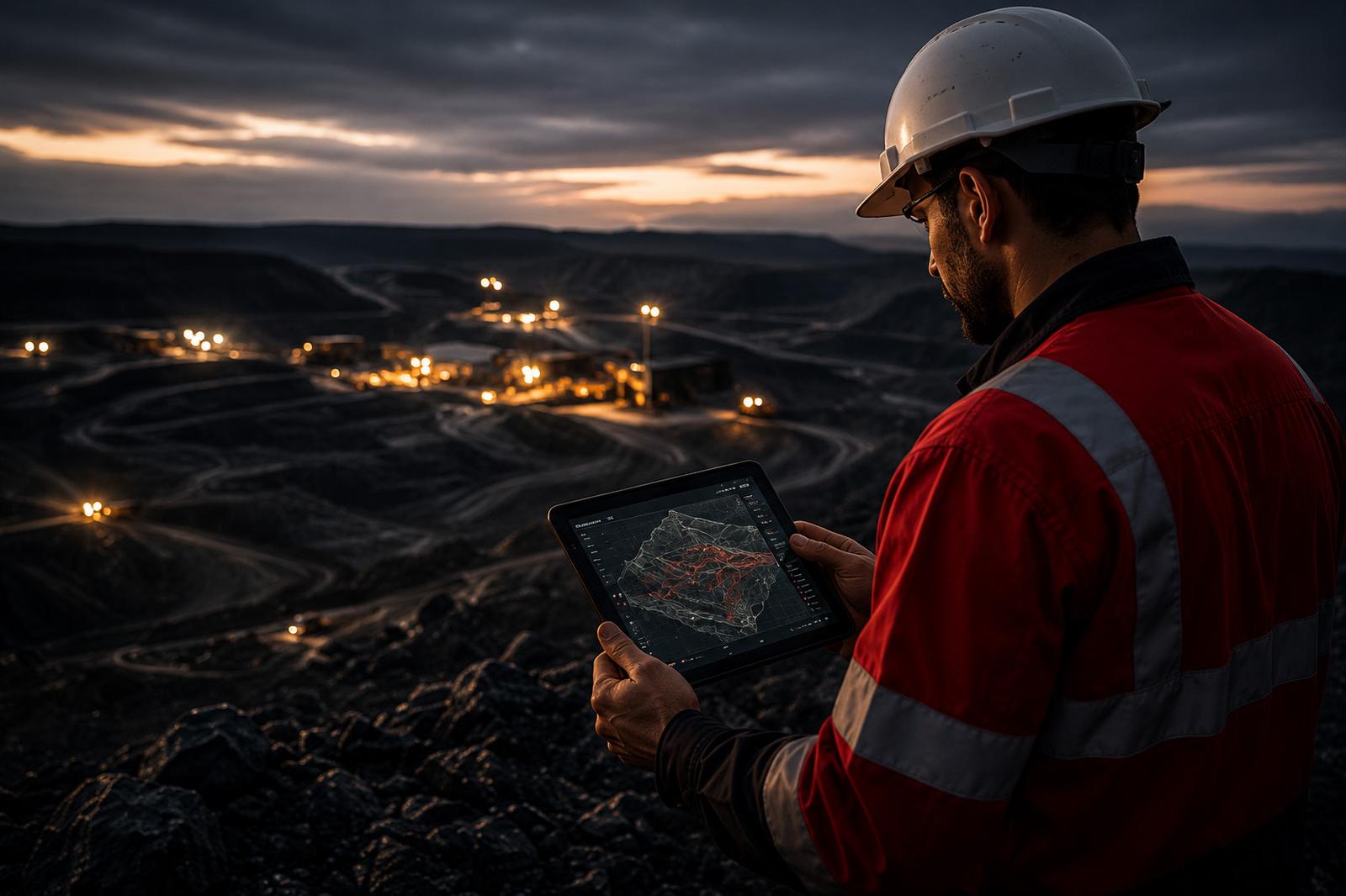 Geologist reviewing a site model on a tablet overlooking a mine at night