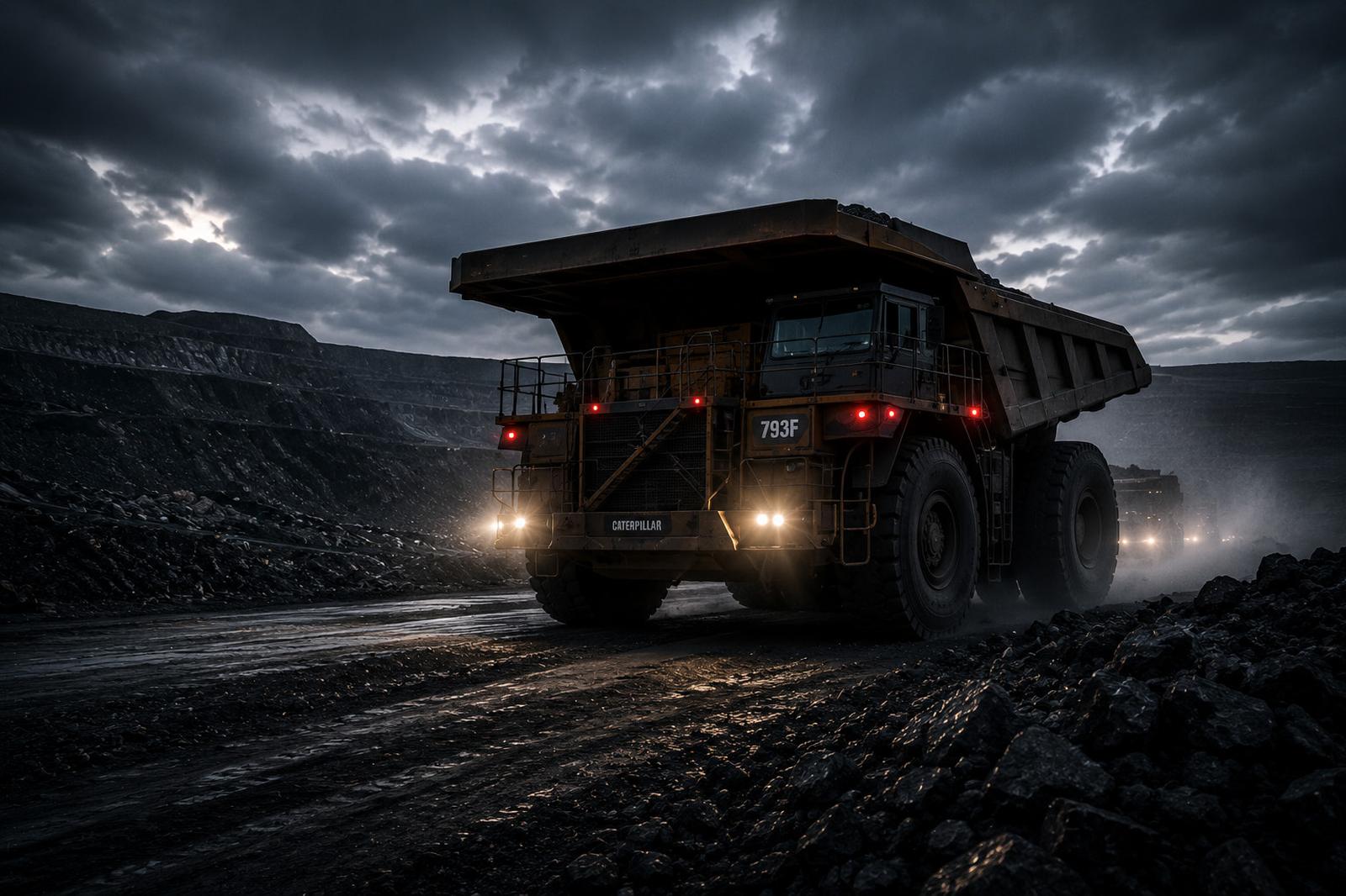 Haul truck under a stormy sky on a mine road