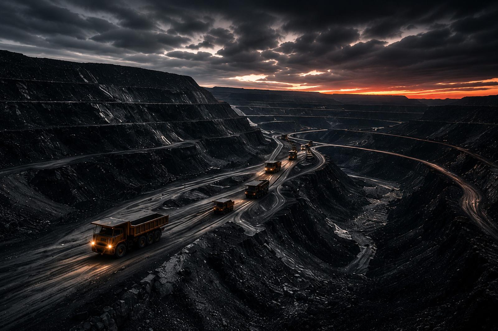 Open-pit mine at dusk with haul trucks on the ramp
